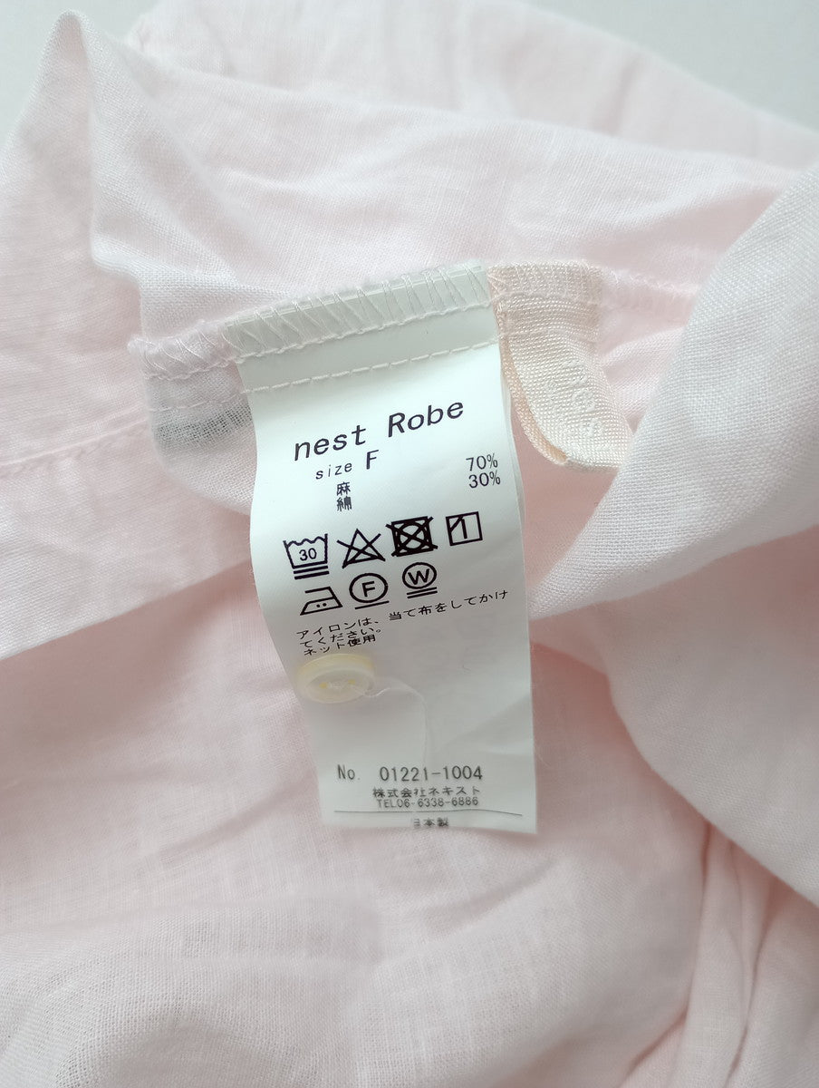 nest Robe ネストローブ UpcycleLino ribbon tie short blouse リボンド ブラウス 長袖 シャツ トップス  ピンク  【中古】