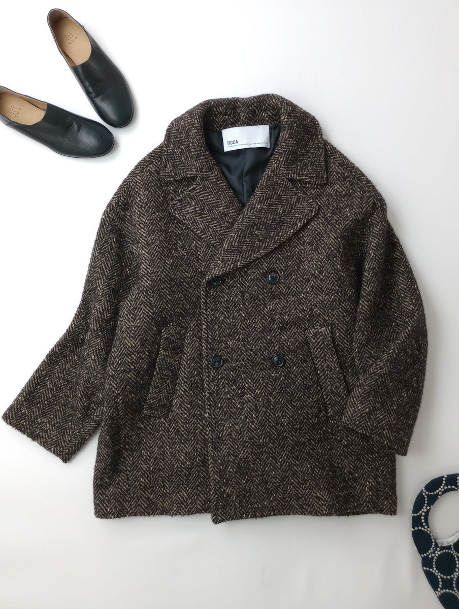 TICCA ティッカ ウール ミックス ツイード ピーコート ダークブラウン゙ 【中古】