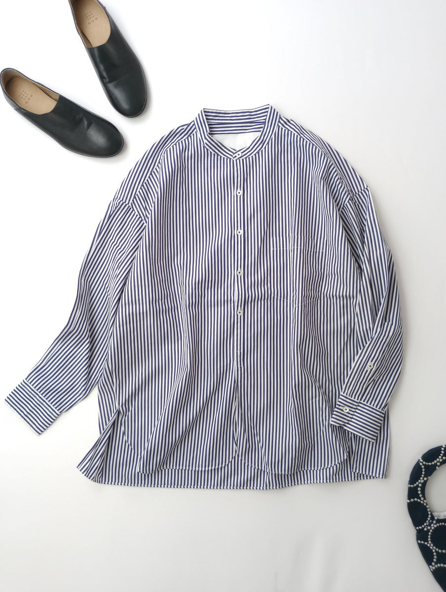 TICCA ティッカ コットン ノーカラー 長袖 シャツ トップス ストライプ  ネイビー 白【中古】