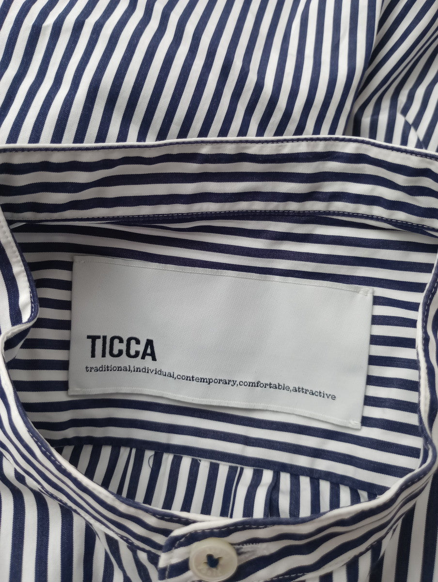TICCA ティッカ コットン ノーカラー 長袖 シャツ トップス ストライプ  ネイビー 白【中古】