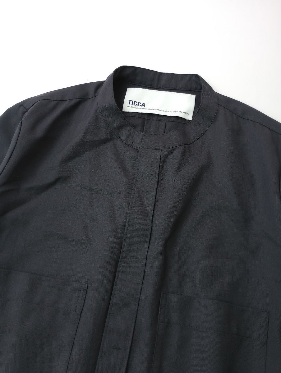 TICCA ティッカ ウォッシャブルウールスタンドカラー ロング シャツ ワンピース 黒に近いダークネイビー 【中古】