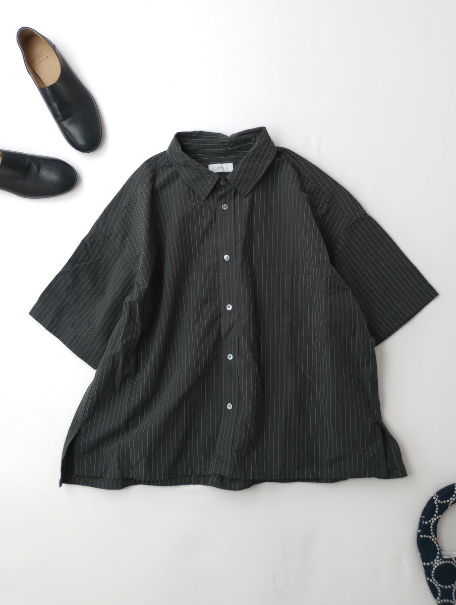 prit プリット コットンリネンウェザー近江晒加工 5分袖レギュラーカラービッグシャツ ピンストライプ  （12M+3842）【中古】