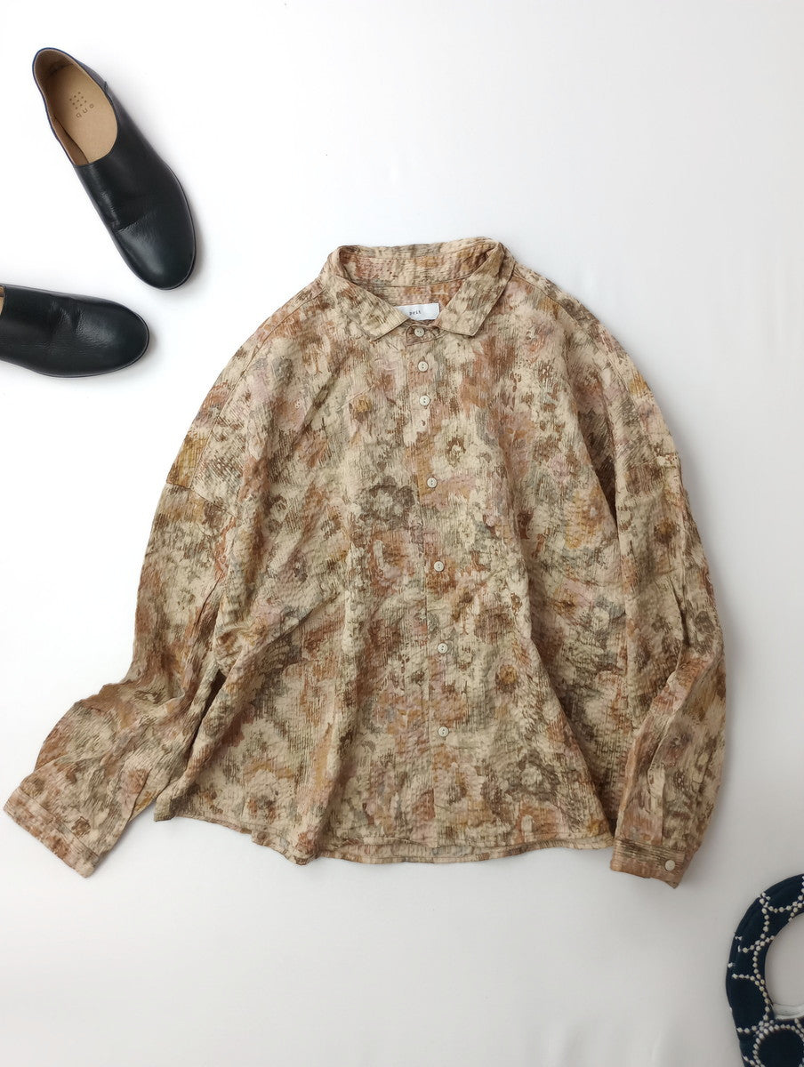 prit プリット 60/1サテンミラクルウェーブ加工ブラーフラワープリント花柄 ショートカラービッグシャツ トップス 長袖 ベージュ 【中古】