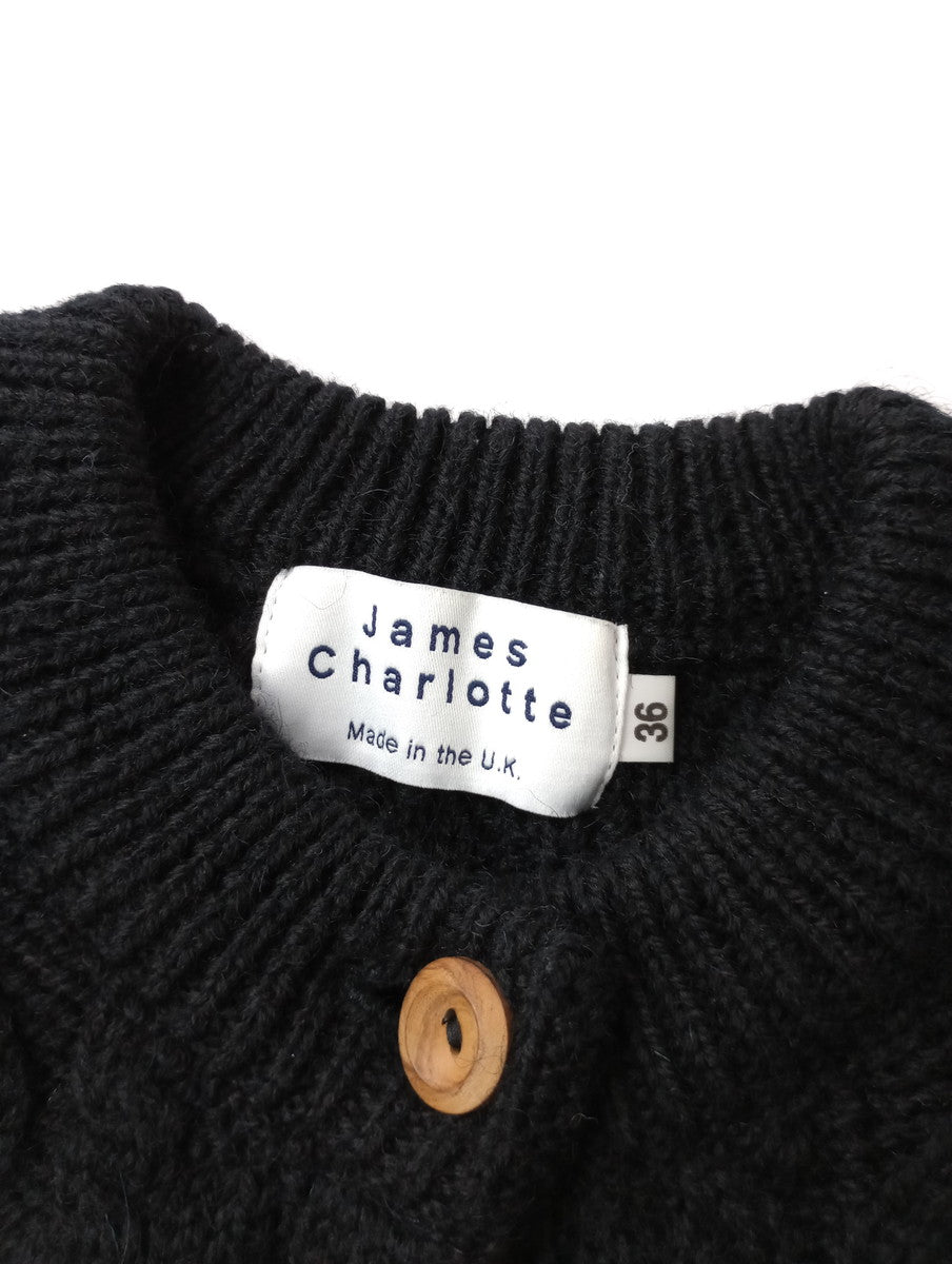 James Charlotte ジェームスシャルロット 長袖 ウール アランニットカーディガン ケーブル編み セーター 長袖 トップス 黒 ブラック 36【中古】