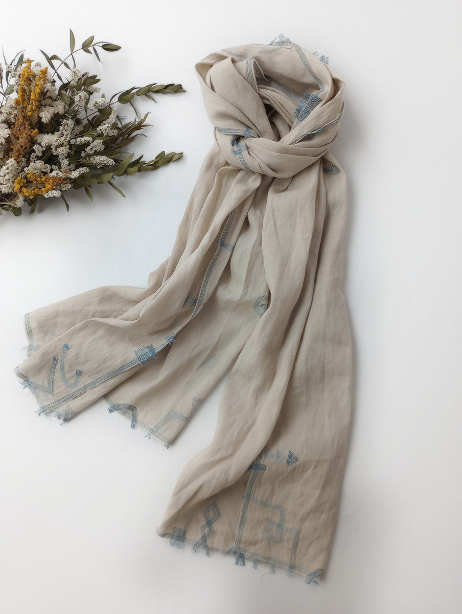 Jurgen Lehl  ヨーガンレール  刺繍  大判 ストール  生成り ブルー (23M＋3023)【中古】