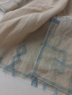Jurgen Lehl  ヨーガンレール  刺繍  大判 ストール  生成り ブルー (23M＋3023)【中古】