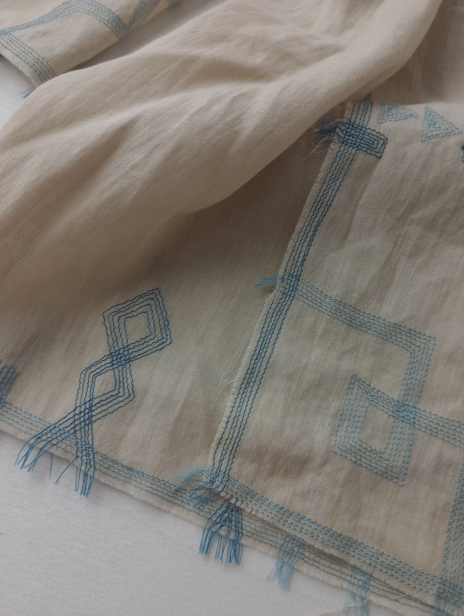 Jurgen Lehl  ヨーガンレール  刺繍  大判 ストール  生成り ブルー (23M＋3023)【中古】