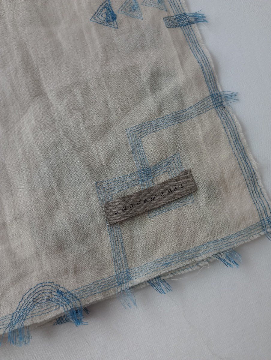 Jurgen Lehl  ヨーガンレール  刺繍  大判 ストール  生成り ブルー (23M＋3023)【中古】