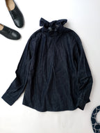 BONNY WOVEN ボニーウーブン BOW TIE BLOUSE デニム ボウタイ ブラウス 長袖 トップス ネイビー  【中古】