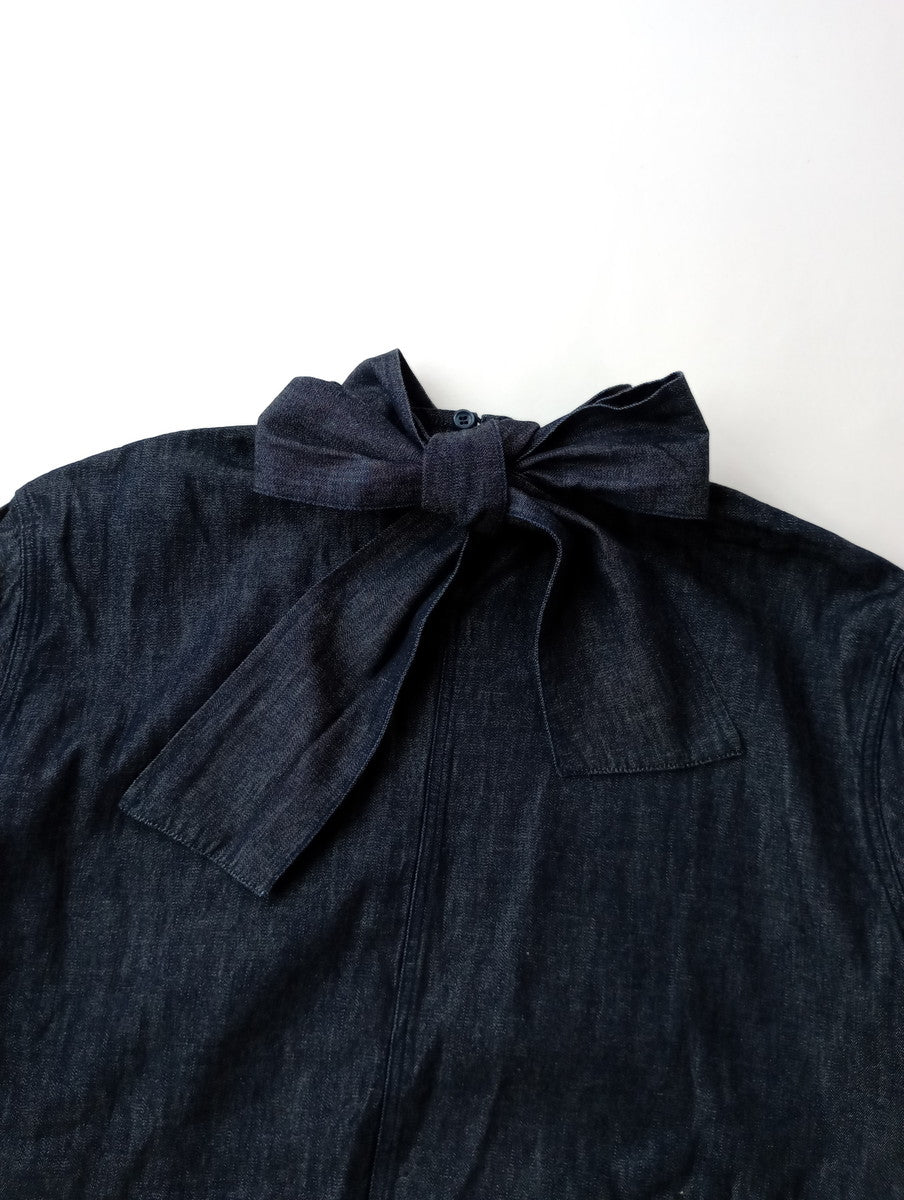 BONNY WOVEN ボニーウーブン BOW TIE BLOUSE デニム ボウタイ ブラウス 長袖 トップス ネイビー  【中古】