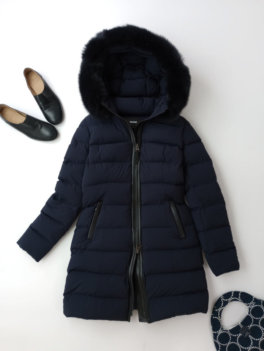 MACKAGE マッカージュ CALLA-BX フォックスファー ロング ダウン コート  ネイビー 黒 ブラック   S/P  【中古】