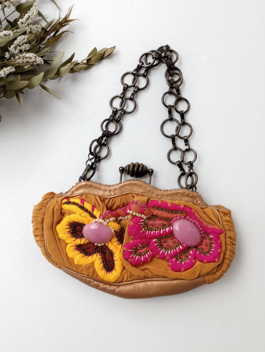 JAMIN PUECH ジャマンピュエッシュ がま口 花柄刺繍 チェーン ミニ バッグ オレンジ  【中古】
