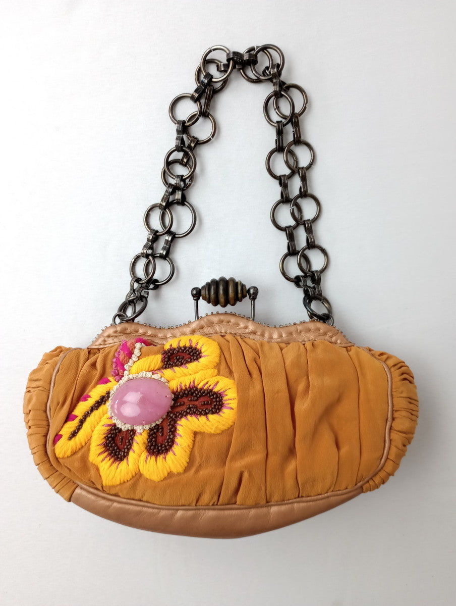 JAMIN PUECH ジャマンピュエッシュ がま口 花柄刺繍 チェーン ミニ バッグ オレンジ  【中古】